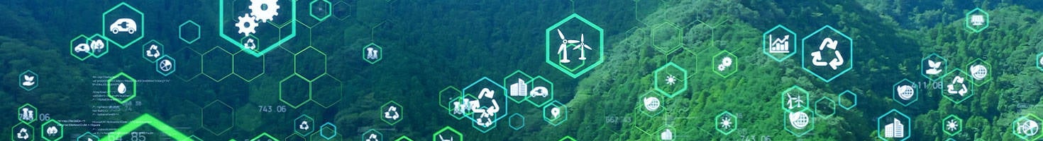 Image depicts lush trees and forestry, nature sustainable energy symbols overlapping it to reflect the potential solutions